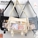 Weiyinxing Capacity Student Solid Color Canvas Bag For Female Women One Shoulder Bag Messenger Bag Add Cute Pendant Nylon School Bag