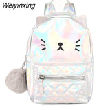 Weiyinxing FASHION Kids Cute Mini Cat Backpack for Girls Kindergarten Bookbag Laser Multi Color Cartoon Pack Travel Bag with Fur Ball