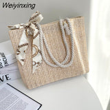 Weiyinxing and Large-capacity Straw Woven Bag Fashion Silk Scarf Women's Shoulder Bag Trendy Woven Zipper Handbags for Women 2023