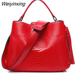 Weiyinxing Genuine Real Leather Bucket Tote Bag Women Designer Shoulder Bag Leather Handbag with Tassels Female Snake Print Hobos Bags