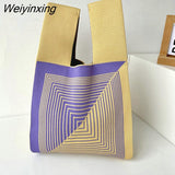 Weiyinxing Knit Reusable Shopping Bags Handbag Women Mini Knot Wrist Bag Japanese Casual Color Wide Stripe Plaid Tote Bag Student