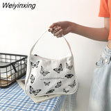 Weiyinxing Women Small Handbag Butterfly Print Canvas Tote Ladies' Fashion Underarm Bag Zipper Half Moon Bags Cotton Cloth Purse