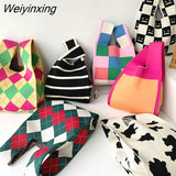Weiyinxing Handmade Knit Handbag Women Japanese Wrist Knot Bag Wide Stripe Plaid Tote Bag Students Mini Reusable Shopping Bags