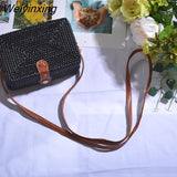 Weiyinxing Black White Round Straw Bags Women Summer Rattan Bag Handmade Woven Beach Cross Body Bag Circle Bohemia Handbag Bali Box