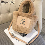 Weiyinxing Winter Solid Color Fluffy Fleece Messenger Bags for Women 2023 Retro Clasp Shoulder Crossbody Purse Flap Street Handbags