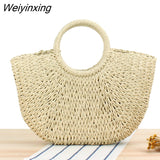 Weiyinxing Handmade Bags for Women Beach Weaving Ladies Straw Bag Wrapped Beach Bag Moon shaped Top Handle Handbags Totes