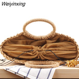 Weiyinxing Handmade Bags for Women Beach Weaving Ladies Straw Bag Wrapped Beach Bag Moon shaped Top Handle Handbags Totes