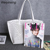 Weiyinxing Fashion Hollow Out Women Large Capacity Tote Bags White Luxury Shoulder Bags for Work 2 Pieces Set Purses and Handbags