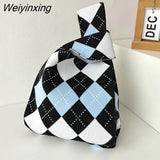 Weiyinxing Handmade Knit Handbag Women Japanese Wrist Knot Bag Wide Stripe Plaid Tote Bag Students Mini Reusable Shopping Bags