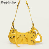 Weiyinxing FASHION Rivet Fashion Luxury Designer Saddle Shoulder Bags for Women PU Leather Biker Style Crossbody Bag Leisure Handbag