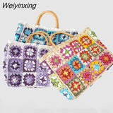 Weiyinxing Granny Square Staw Handbags Casual Paper Woven Bamboo Handle Women Hand Bags Handmade Summe Beach Bag Large Tote Purse