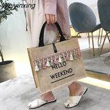 Weiyinxing Women Summer Beach Bags Handbags Large Capacity Lady Tassel Shoulder Bag Big Letter Linen Totes Casual Girls Travel Shopping Bag