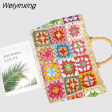 Weiyinxing Granny Square Staw Handbags Casual Paper Woven Bamboo Handle Women Hand Bags Handmade Summe Beach Bag Large Tote Purse