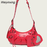 Weiyinxing FASHION Rivet Fashion Luxury Designer Saddle Shoulder Bags for Women PU Leather Biker Style Crossbody Bag Leisure Handbag