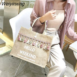 Weiyinxing Women Summer Beach Bags Handbags Large Capacity Lady Tassel Shoulder Bag Big Letter Linen Totes Casual Girls Travel Shopping Bag
