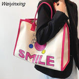 Weiyinxing Women Canvas Bag Large Capacity Female Cartoon Portable Shopping Bag Commuter One Shoulder Tote Bag Female Handbag Shopper Bag