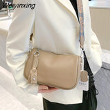 Weiyinxing Solid Genuine Leather Shoulder Crossbody Bag For Women Fashion Handbag Cow Leather Ladies Wide Fabric Strap Messenger Sac