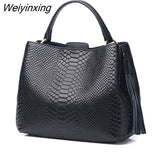 Weiyinxing Genuine Real Leather Bucket Tote Bag Women Designer Shoulder Bag Leather Handbag with Tassels Female Snake Print Hobos Bags