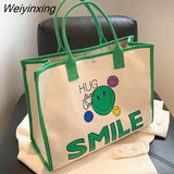 Weiyinxing Women Canvas Bag Large Capacity Female Cartoon Portable Shopping Bag Commuter One Shoulder Tote Bag Female Handbag Shopper Bag