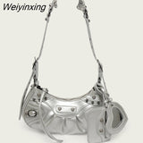 Weiyinxing FASHION Rivet Fashion Luxury Designer Saddle Shoulder Bags for Women PU Leather Biker Style Crossbody Bag Leisure Handbag