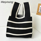 Weiyinxing Knit Reusable Shopping Bags Handbag Women Mini Knot Wrist Bag Japanese Casual Color Wide Stripe Plaid Tote Bag Student