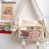 Weiyinxing Capacity Student Solid Color Canvas Bag For Female Women One Shoulder Bag Messenger Bag Add Cute Pendant Nylon School Bag