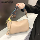 Weiyinxing Solid Genuine Leather Shoulder Crossbody Bag For Women Fashion Handbag Cow Leather Ladies Wide Fabric Strap Messenger Sac