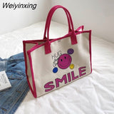 Weiyinxing Women Canvas Bag Large Capacity Female Cartoon Portable Shopping Bag Commuter One Shoulder Tote Bag Female Handbag Shopper Bag