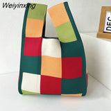 Weiyinxing Handmade Knit Handbag Women Japanese Wrist Knot Bag Wide Stripe Plaid Tote Bag Students Mini Reusable Shopping Bags