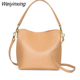 Weiyinxing Luxury Solid Color Cow Leather Bucket Bag 100% Soft Genuine Leather Women Shoulder Crossbody Bag Designer Ladies Handbag