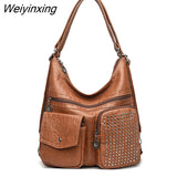 Weiyinxing Women Handbag Luxury Designer Handbag Solid Color Messenger Bag Large Capacity Casual Ladies Shoulder Bag Rivet Leather Tote Bag