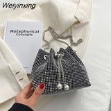 Weiyinxing Diamond Glitter Drawstring Handbags and Purses 2023 Luxury Designer Women's Mini Chain Bucket Shoulder Crossbody Bag