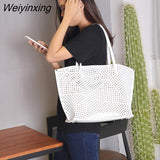 Weiyinxing Fashion Hollow Out Women Large Capacity Tote Bags White Luxury Shoulder Bags for Work 2 Pieces Set Purses and Handbags