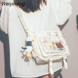 Weiyinxing Capacity Student Solid Color Canvas Bag For Female Women One Shoulder Bag Messenger Bag Add Cute Pendant Nylon School Bag