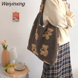 Weiyinxing Women Plush Shoulder Bag Warm Cloth Fabric Handbag Soft Canvas Tote Large Capacity Shopping Bags Cute Bear Book Bags for Ladies