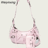 Weiyinxing FASHION Rivet Fashion Luxury Designer Saddle Shoulder Bags for Women PU Leather Biker Style Crossbody Bag Leisure Handbag