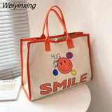 Weiyinxing Women Canvas Bag Large Capacity Female Cartoon Portable Shopping Bag Commuter One Shoulder Tote Bag Female Handbag Shopper Bag