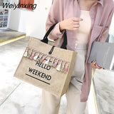 Weiyinxing Women Summer Beach Bags Handbags Large Capacity Lady Tassel Shoulder Bag Big Letter Linen Totes Casual Girls Travel Shopping Bag