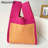 Weiyinxing Knit Reusable Shopping Bags Handbag Women Mini Knot Wrist Bag Japanese Casual Color Wide Stripe Plaid Tote Bag Student