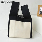 Weiyinxing Handmade Knit Handbag Women Japanese Wrist Knot Bag Wide Stripe Plaid Tote Bag Students Mini Reusable Shopping Bags