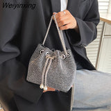 Weiyinxing Diamond Glitter Drawstring Handbags and Purses 2023 Luxury Designer Women's Mini Chain Bucket Shoulder Crossbody Bag