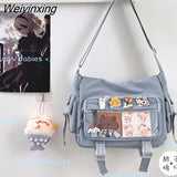 Weiyinxing Capacity Student Solid Color Canvas Bag For Female Women One Shoulder Bag Messenger Bag Add Cute Pendant Nylon School Bag