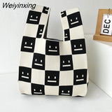 Weiyinxing Knit Reusable Shopping Bags Handbag Women Mini Knot Wrist Bag Japanese Casual Color Wide Stripe Plaid Tote Bag Student