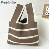 Weiyinxing Handmade Knit Handbag Women Japanese Wrist Knot Bag Wide Stripe Plaid Tote Bag Students Mini Reusable Shopping Bags