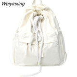 Weiyinxing Double Pocket Women Backpack Female High Quality Canvas Bucket Shoulder Bag Girls Vintage Drawstring Schoolbag Bookbag