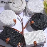 Weiyinxing Black White Round Straw Bags Women Summer Rattan Bag Handmade Woven Beach Cross Body Bag Circle Bohemia Handbag Bali Box