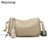 Weiyinxing Solid Genuine Leather Shoulder Crossbody Bag For Women Fashion Handbag Cow Leather Ladies Wide Fabric Strap Messenger Sac