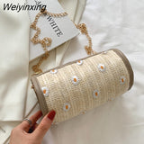 Weiyinxing Fresh Woven Bags Women Summer Fashion Texture Flower Shoulder Bag Popular Simple Cylinder Crossbody Bags for Women 2023