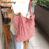 Weiyinxing Women's Canvas Tote Shoulder Large Shopping Bag Plaid Eco Large Capacity Ladies Purse Pouch Girls Student Book Handbags