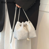Weiyinxing Diamond Glitter Drawstring Handbags and Purses 2023 Luxury Designer Women's Mini Chain Bucket Shoulder Crossbody Bag